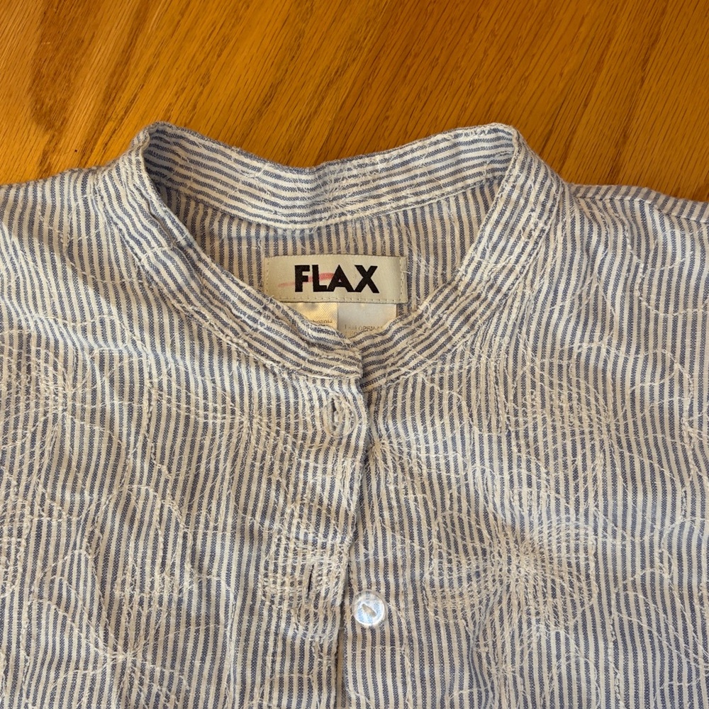 Flax Pinstripe Button Down Shirt Floral Embroidered Linen Roll Tab Sleeves S - Picture 2 of 7